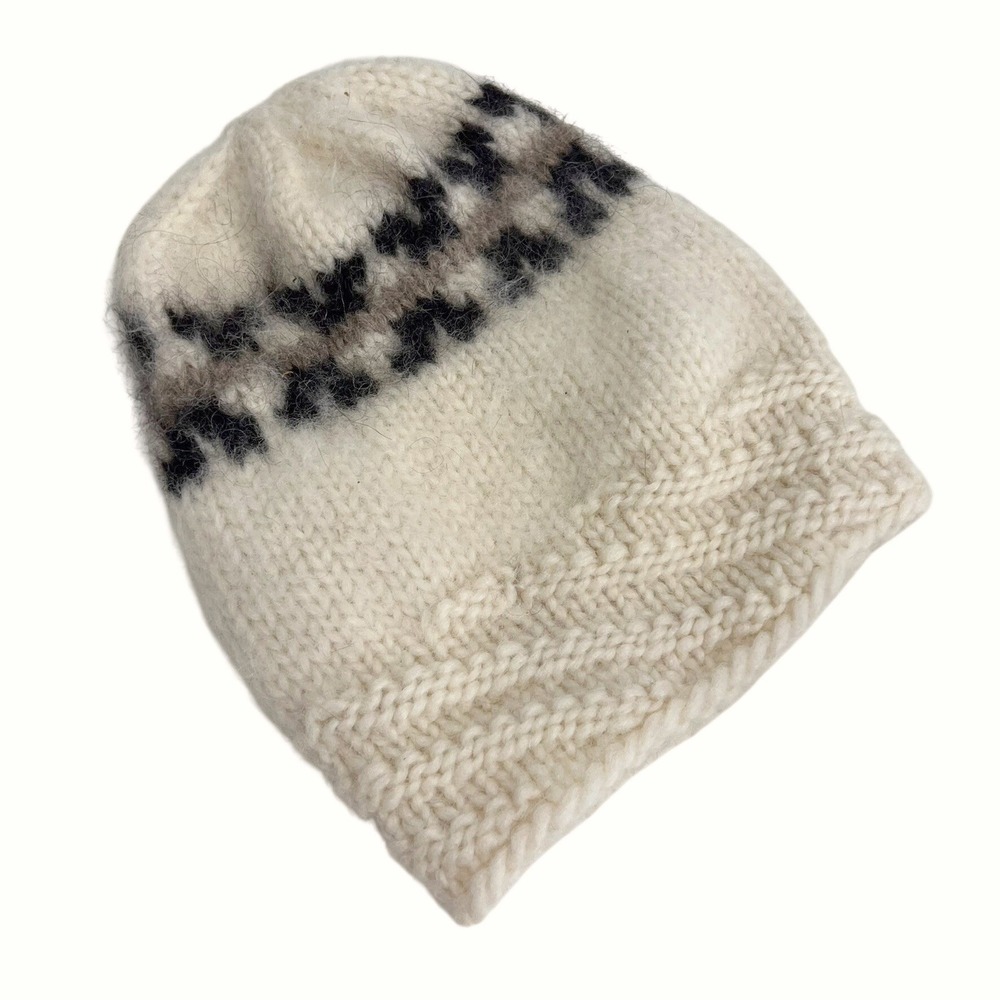 Vintage Hilda Ltd Icelandic Wool Beanie Hat Cream Fair Isle Knit Made in Iceland